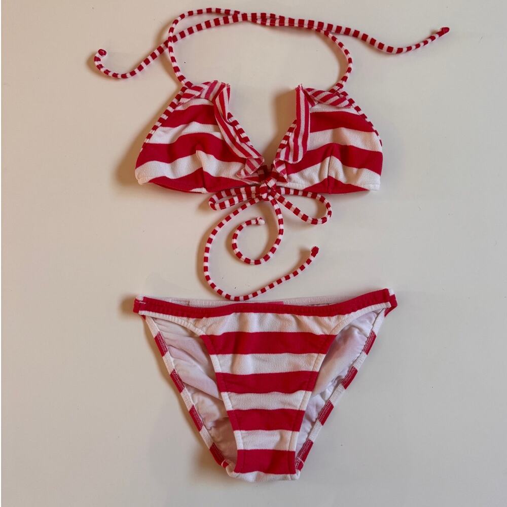 Salinas Ruffled Stripe Bathing Swim Suit Bikini Red White Made in Brazile Small